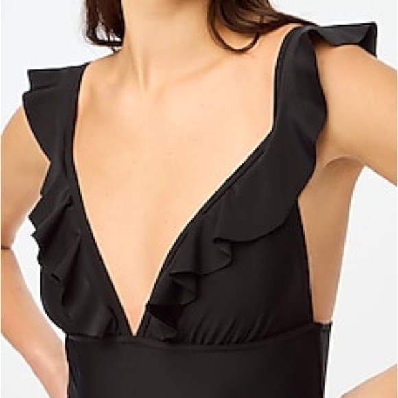 J Crew Factory Ruffle-shoulder V-neck one-piece swimsuit Black size M NWT BG217 - Picture 2 of 11
